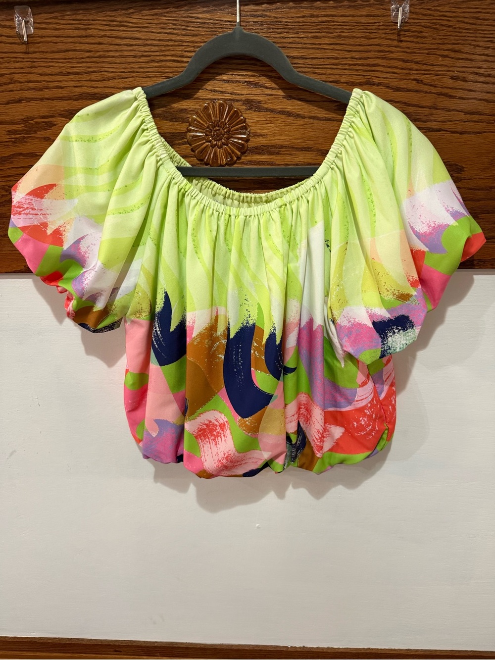Joy Joy Neon Lime Multi-Color Off-Shoulder Blouse